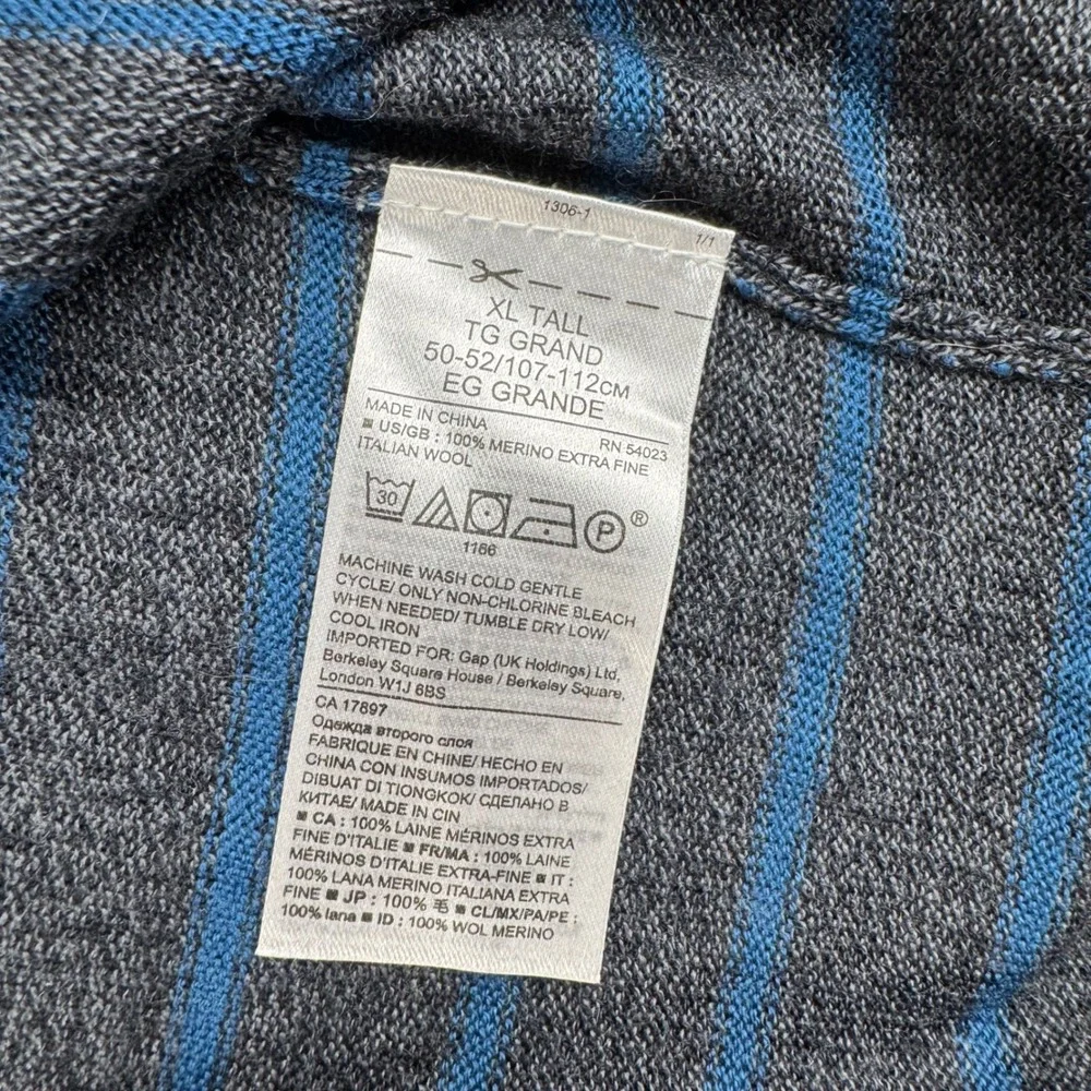 Banana Republic V-Neck Sweater Men XL Tall Gray Blue Striped Merino Wool Baruffa